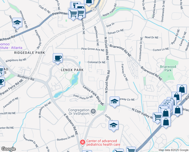 map of restaurants, bars, coffee shops, grocery stores, and more near 1264 Park Vista Drive Northeast in Atlanta