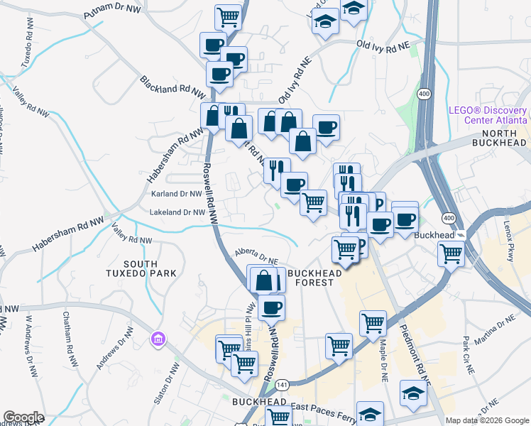 map of restaurants, bars, coffee shops, grocery stores, and more near 3530 Piedmont Road Northeast in Atlanta