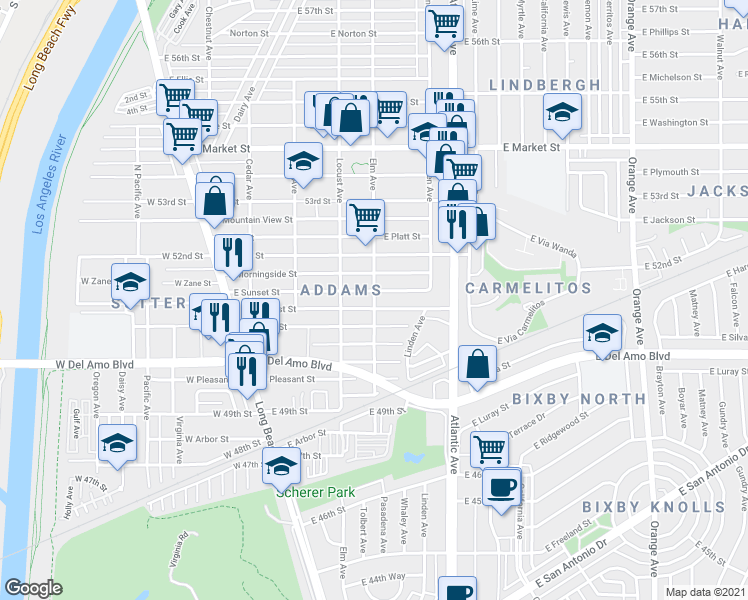 map of restaurants, bars, coffee shops, grocery stores, and more near 5119 Elm Avenue in Long Beach