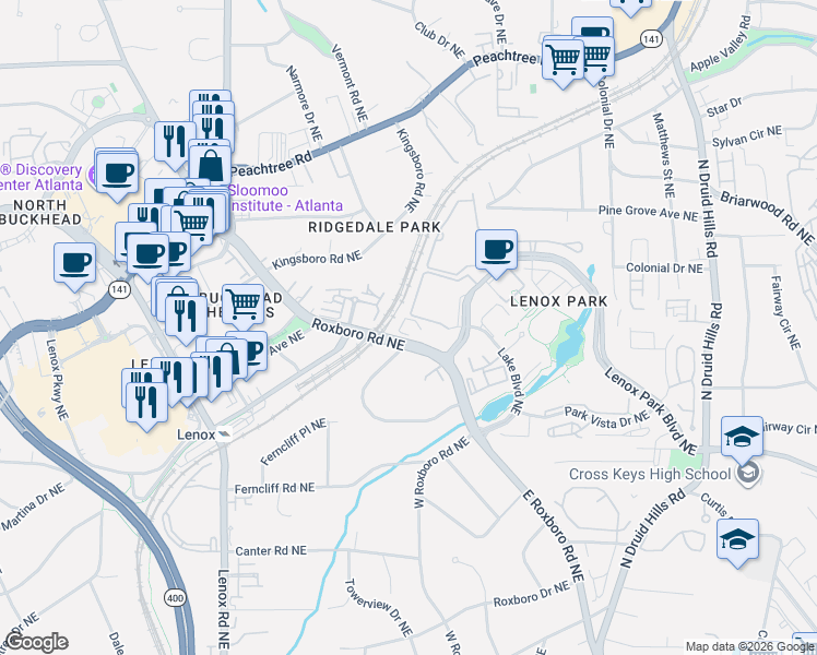 map of restaurants, bars, coffee shops, grocery stores, and more near 1000 Lenox Park Boulevard Northeast in Atlanta