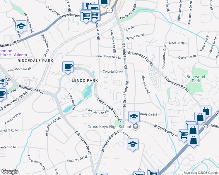 map of restaurants, bars, coffee shops, grocery stores, and more near 5202 Reserve Drive Northeast in Atlanta