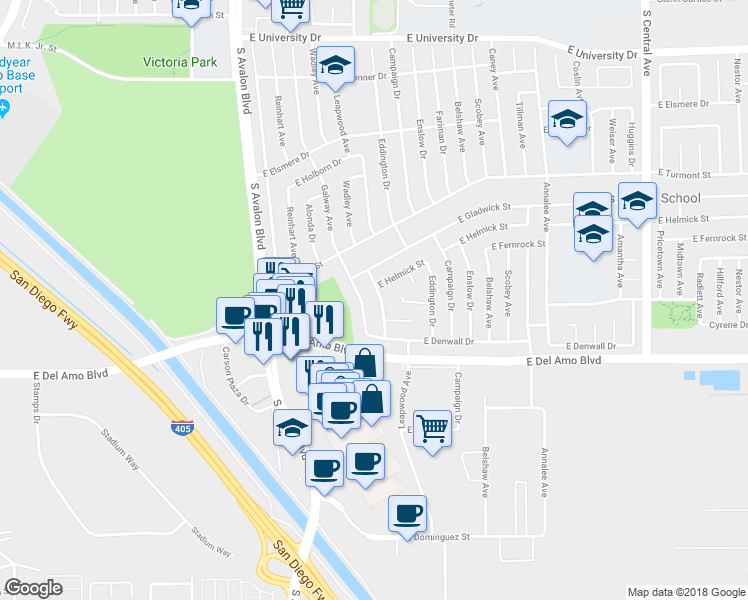 map of restaurants, bars, coffee shops, grocery stores, and more near 20111 Wadley Avenue in Carson