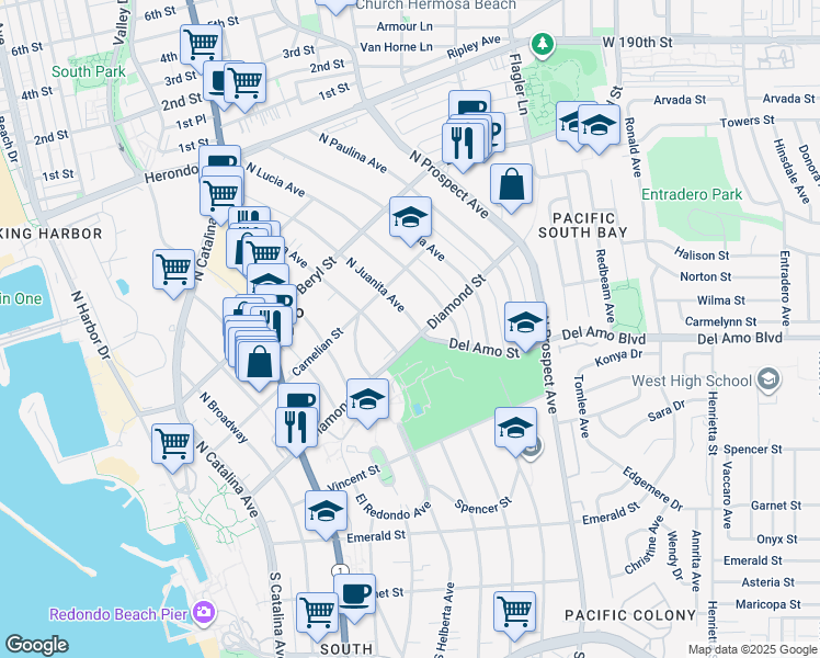 map of restaurants, bars, coffee shops, grocery stores, and more near 505 North Juanita Avenue in Redondo Beach