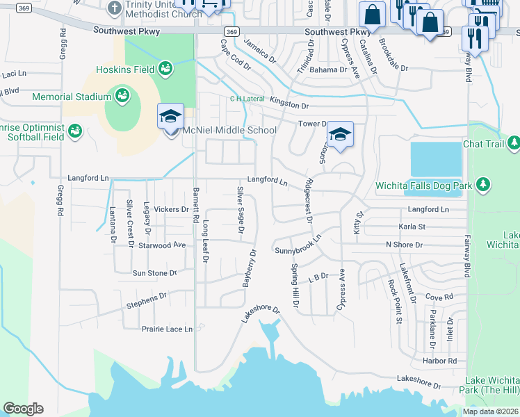 map of restaurants, bars, coffee shops, grocery stores, and more near 4917 Bayberry Drive in Wichita Falls
