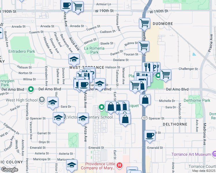 map of restaurants, bars, coffee shops, grocery stores, and more near 4730 Carmelynn Street in Torrance