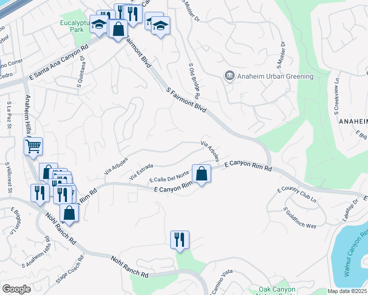 map of restaurants, bars, coffee shops, grocery stores, and more near 6562 Vía Arboles in Anaheim