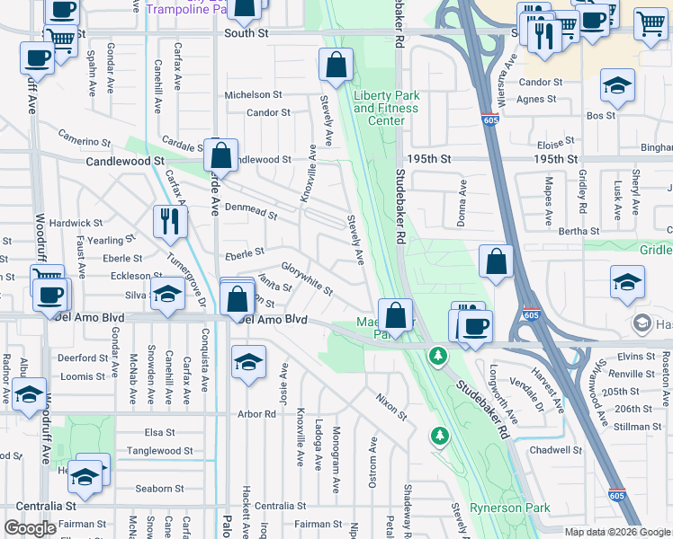 map of restaurants, bars, coffee shops, grocery stores, and more near 6705 Eberle Street in Lakewood