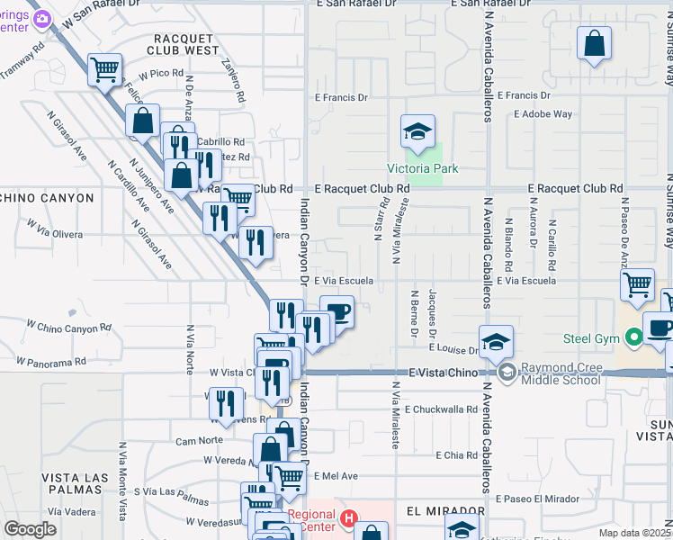 map of restaurants, bars, coffee shops, grocery stores, and more near 250 East Via Escuela in Palm Springs