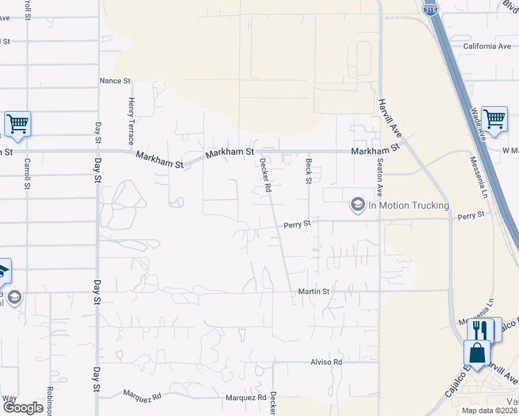 map of restaurants, bars, coffee shops, grocery stores, and more near 18691 Decker Road in Perris