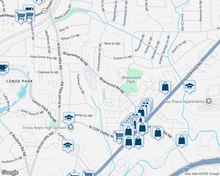 map of restaurants, bars, coffee shops, grocery stores, and more near 1441 Briarwood Road Northeast in Atlanta