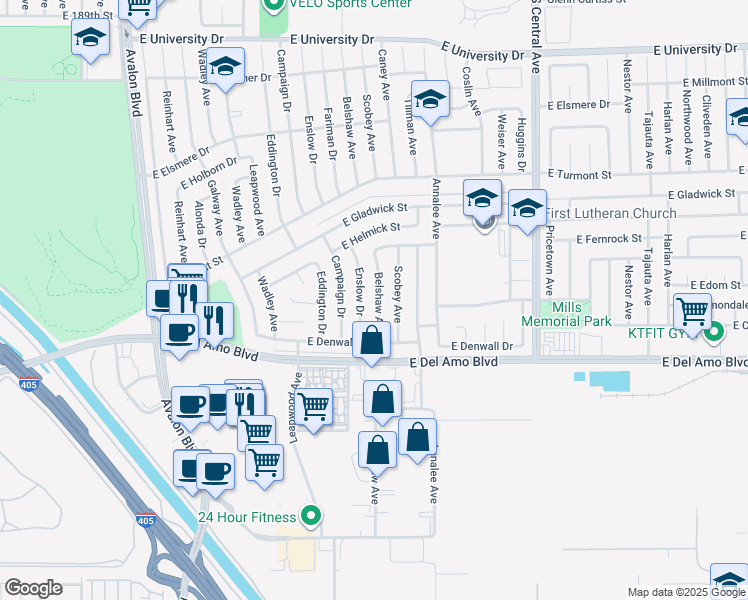 map of restaurants, bars, coffee shops, grocery stores, and more near 20119 Belshaw Ave in Carson