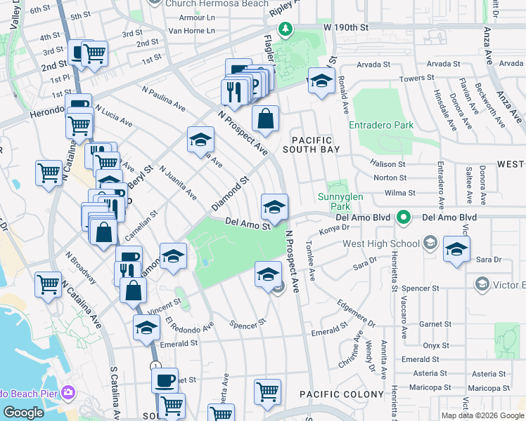 map of restaurants, bars, coffee shops, grocery stores, and more near 412 North Paulina Avenue in Redondo Beach