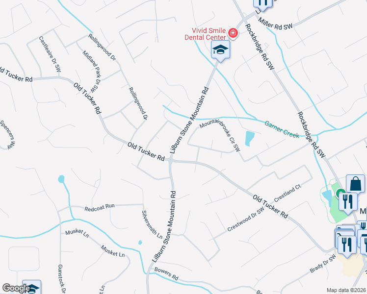 map of restaurants, bars, coffee shops, grocery stores, and more near 817 Mountainbrooke Circle Southwest in Stone Mountain