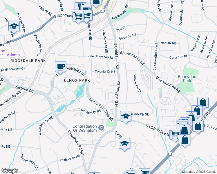 map of restaurants, bars, coffee shops, grocery stores, and more near 1264 Park Vista Drive Northeast in Atlanta