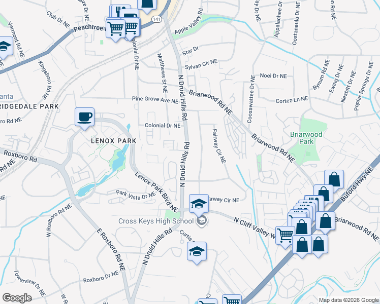 map of restaurants, bars, coffee shops, grocery stores, and more near 1484 North Druid Hills Road in Atlanta