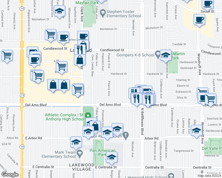 map of restaurants, bars, coffee shops, grocery stores, and more near 4958 Pearce Avenue in Lakewood