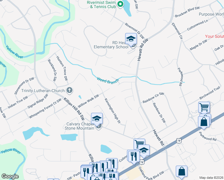 map of restaurants, bars, coffee shops, grocery stores, and more near 4092 Willow Walk Southwest in Lilburn