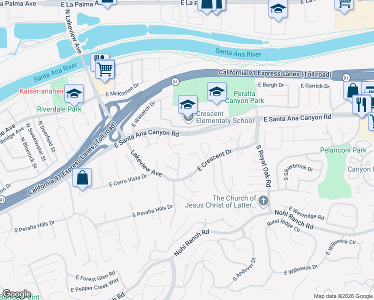 map of restaurants, bars, coffee shops, grocery stores, and more near 195 Ferrari Way in Anaheim