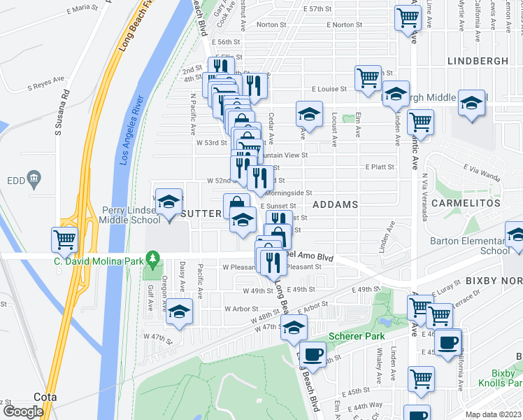 map of restaurants, bars, coffee shops, grocery stores, and more near 5108 Long Beach Boulevard in Long Beach