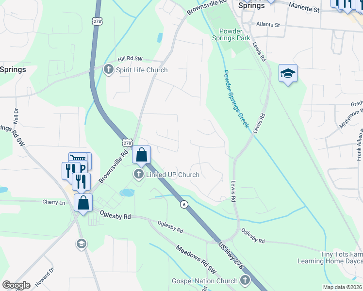 map of restaurants, bars, coffee shops, grocery stores, and more near 4747 Saddleridge Road in Powder Springs