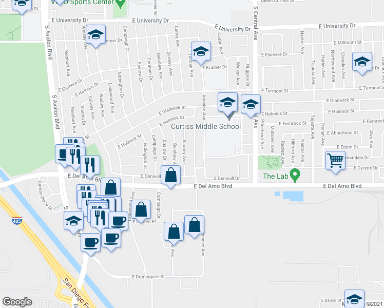 map of restaurants, bars, coffee shops, grocery stores, and more near 20119 Tillman Avenue in Carson