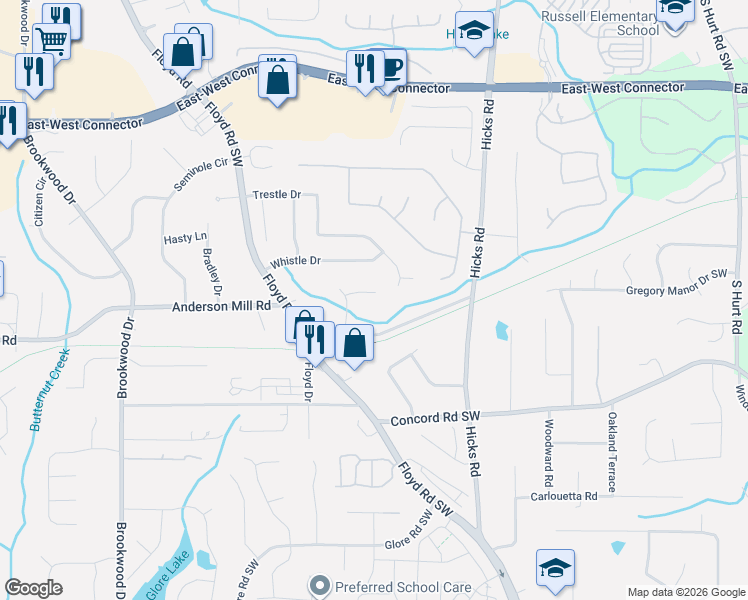 map of restaurants, bars, coffee shops, grocery stores, and more near 974 Trestle Drive in Austell