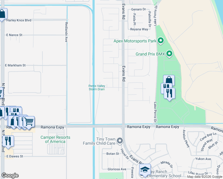 map of restaurants, bars, coffee shops, grocery stores, and more near 711 Ballesteros Street in Perris