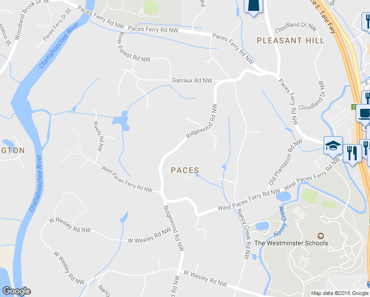 map of restaurants, bars, coffee shops, grocery stores, and more near 3459 Ridgewood Road Northwest in Atlanta