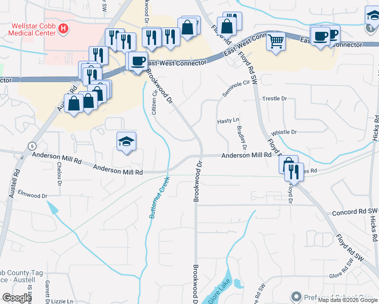 map of restaurants, bars, coffee shops, grocery stores, and more near 1340 Anderson Mill Road in Austell