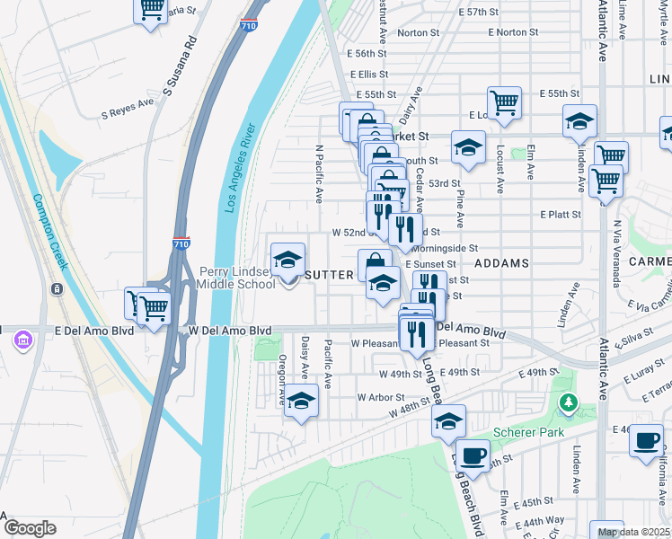 map of restaurants, bars, coffee shops, grocery stores, and more near 53 West 51st Street in Long Beach
