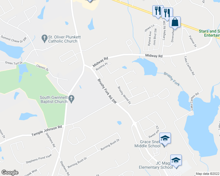 map of restaurants, bars, coffee shops, grocery stores, and more near 3450 Brushy Fork Road Southwest in Loganville