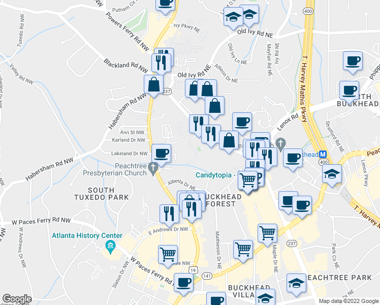 map of restaurants, bars, coffee shops, grocery stores, and more near 3530 Piedmont Road Northeast in Atlanta