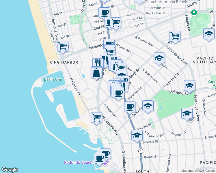 map of restaurants, bars, coffee shops, grocery stores, and more near 517 North Francisca Avenue in Redondo Beach