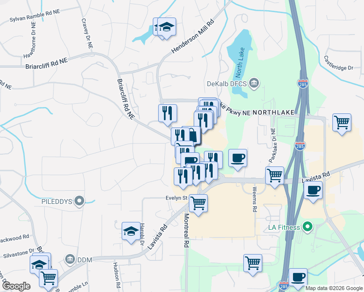 map of restaurants, bars, coffee shops, grocery stores, and more near Briarcliff Rd NE & Henderson Mill Rd NE in Atlanta