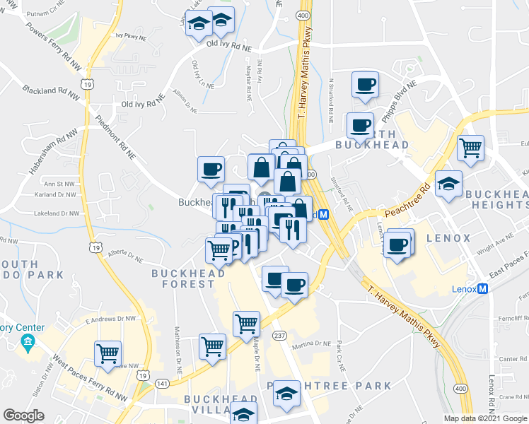 map of restaurants, bars, coffee shops, grocery stores, and more near 3336 Peachtree Road Northeast in Atlanta