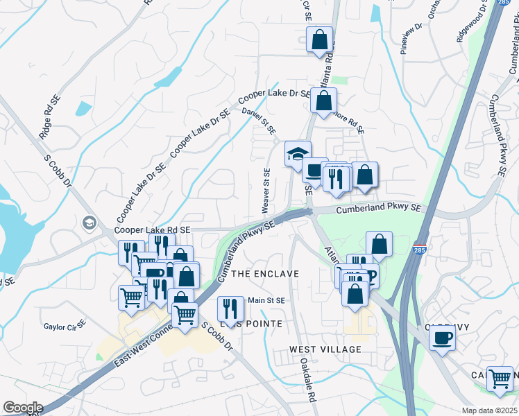 map of restaurants, bars, coffee shops, grocery stores, and more near 4302 Weaver Street Southeast in Smyrna