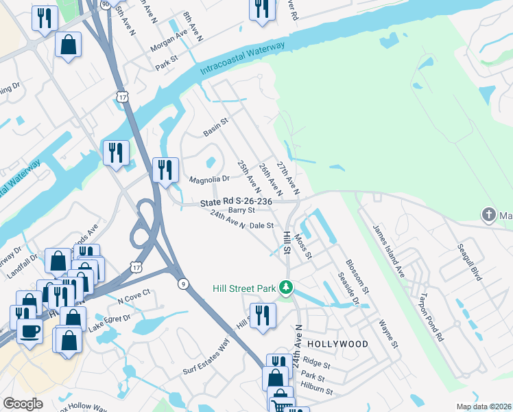map of restaurants, bars, coffee shops, grocery stores, and more near 2428 Little River Neck Road in North Myrtle Beach