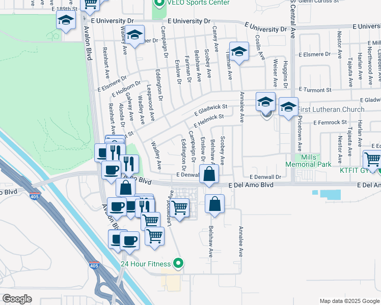 map of restaurants, bars, coffee shops, grocery stores, and more near 20119 Campaign Drive in Carson