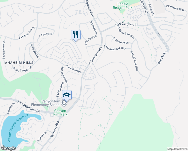 map of restaurants, bars, coffee shops, grocery stores, and more near 8125 East Santo Court in Anaheim