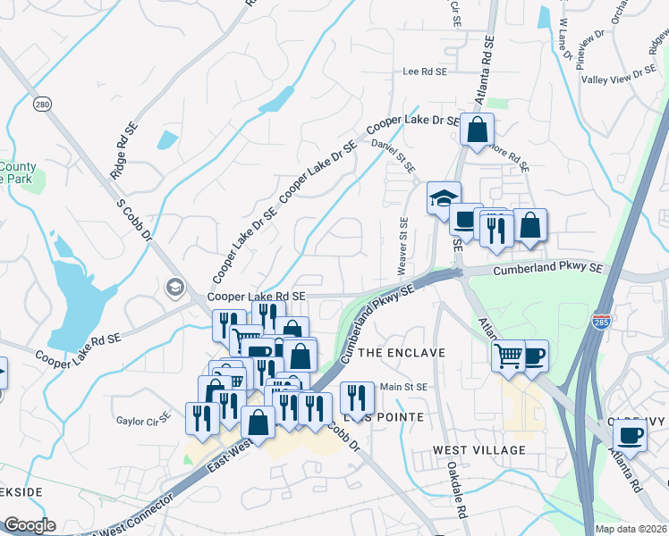 map of restaurants, bars, coffee shops, grocery stores, and more near 4504 Weldon Drive Southeast in Smyrna