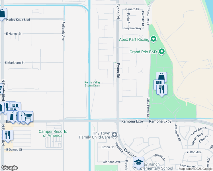 map of restaurants, bars, coffee shops, grocery stores, and more near 4310 Almaterra Drive in Perris