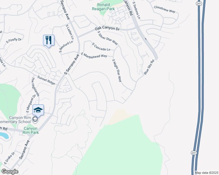 map of restaurants, bars, coffee shops, grocery stores, and more near 8200 East Bailey Way in Anaheim