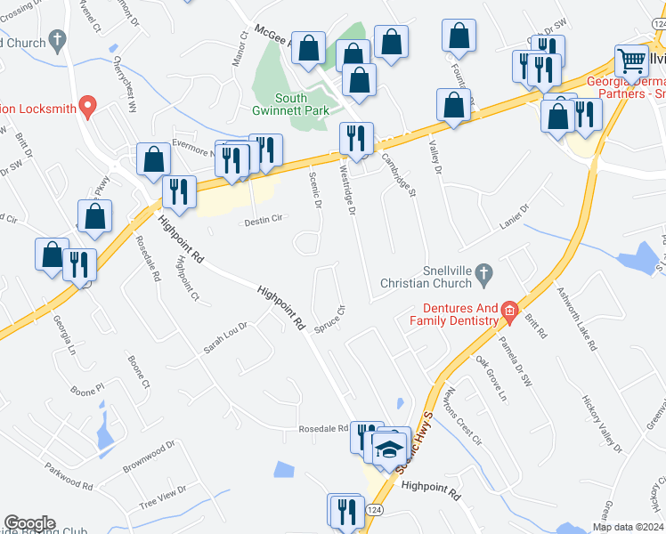 map of restaurants, bars, coffee shops, grocery stores, and more near 2984 Spruce Circle in Snellville