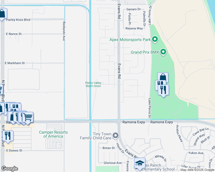 map of restaurants, bars, coffee shops, grocery stores, and more near 711 Ballesteros Street in Perris