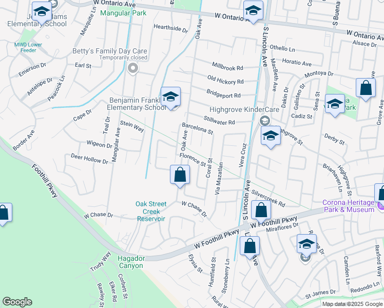 map of restaurants, bars, coffee shops, grocery stores, and more near 1277 Florence Street in Corona