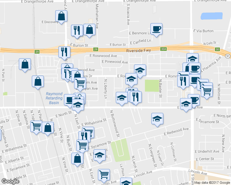 map of restaurants, bars, coffee shops, grocery stores, and more near 1048 North Boden Drive in Anaheim