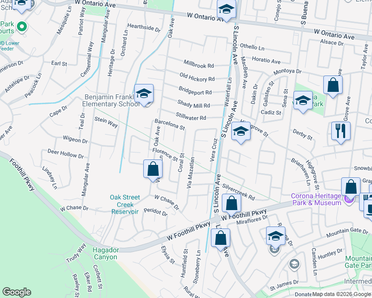 map of restaurants, bars, coffee shops, grocery stores, and more near 2890 Coral Street in Corona