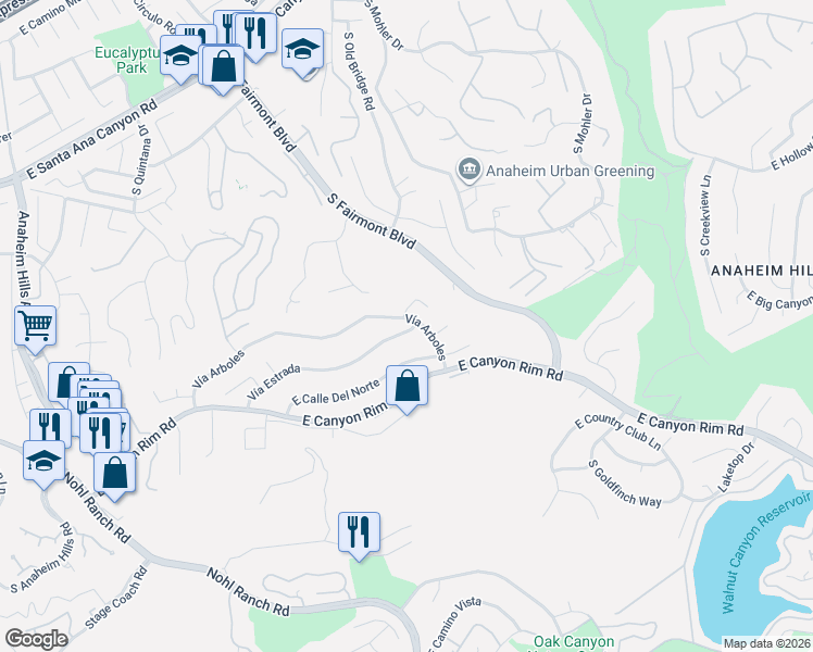 map of restaurants, bars, coffee shops, grocery stores, and more near 6583 Vía Estrada in Anaheim