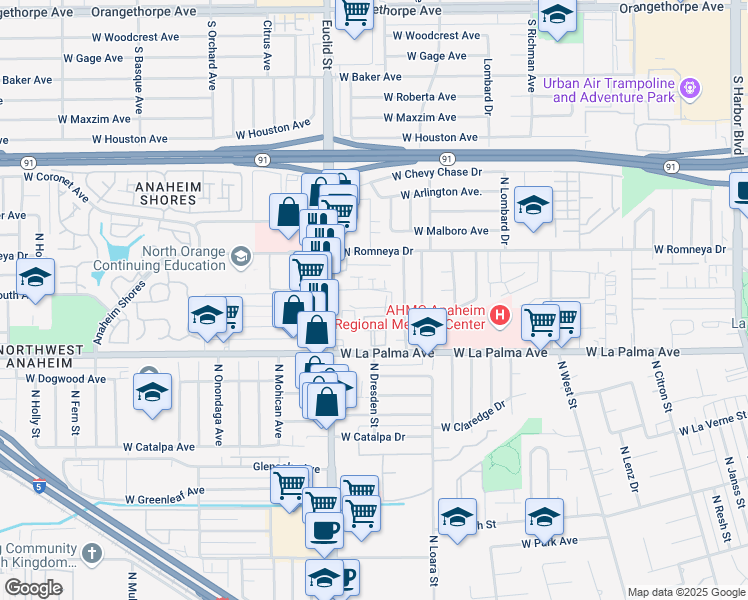map of restaurants, bars, coffee shops, grocery stores, and more near 1144 North Euclid Street in Anaheim