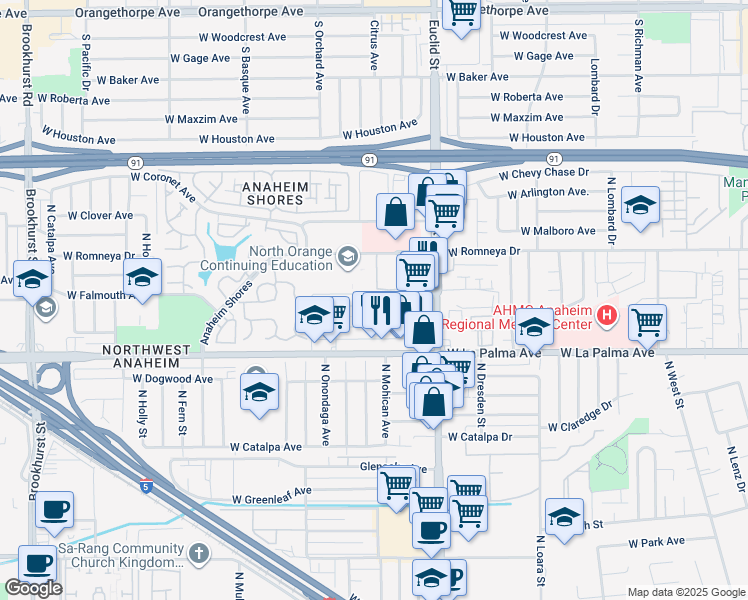 map of restaurants, bars, coffee shops, grocery stores, and more near 1801 West Neighbors Avenue in Anaheim